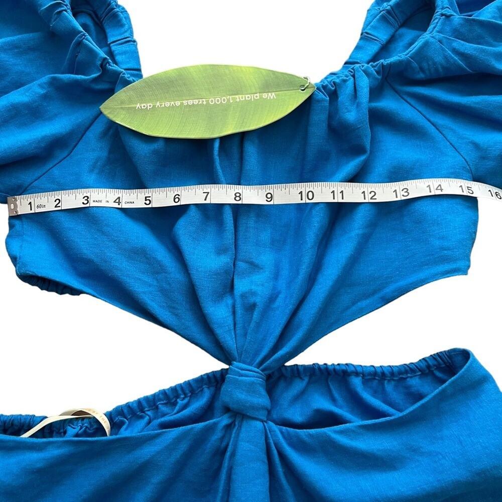 Farm Rio Cutout Knot Waist Linen Blend Puff Sleeve Blue Midi Dress Size M - Picture 12 of 14
